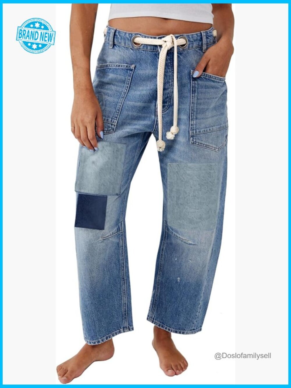 Wide Leg Barrel Jeans Patchwork Denim Pants Low Rise Drawstring Y2K Boho